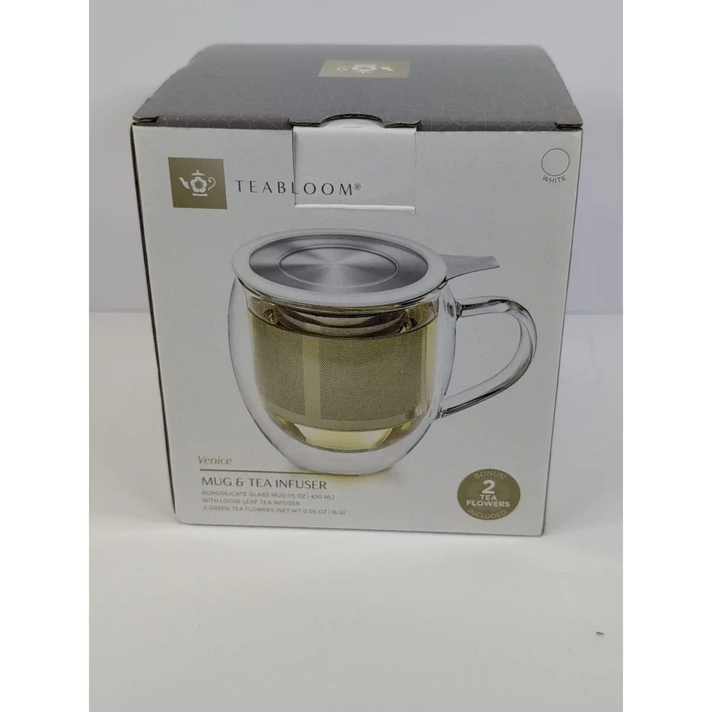 Teabloom VENICE Double Wall Glass Mug with Infuser & Lid/Coaster‎ White NEW